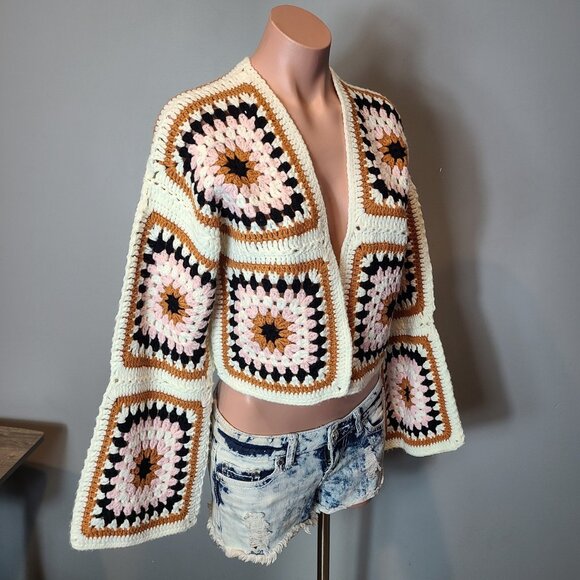 DREAMERS BY DEBUT Crochet Granny Square Cardigan Boho Retro Gypsy Grunge S/M - Picture 4 of 9